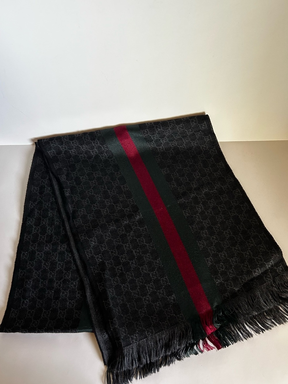 Gucci Black Scarf with Green and Red Center Stripe